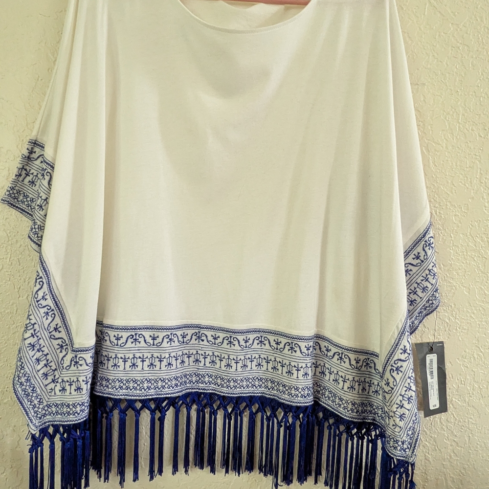 STYLUS Fairy Like Hippy Cream Top with Blue Hobo Fringe XL